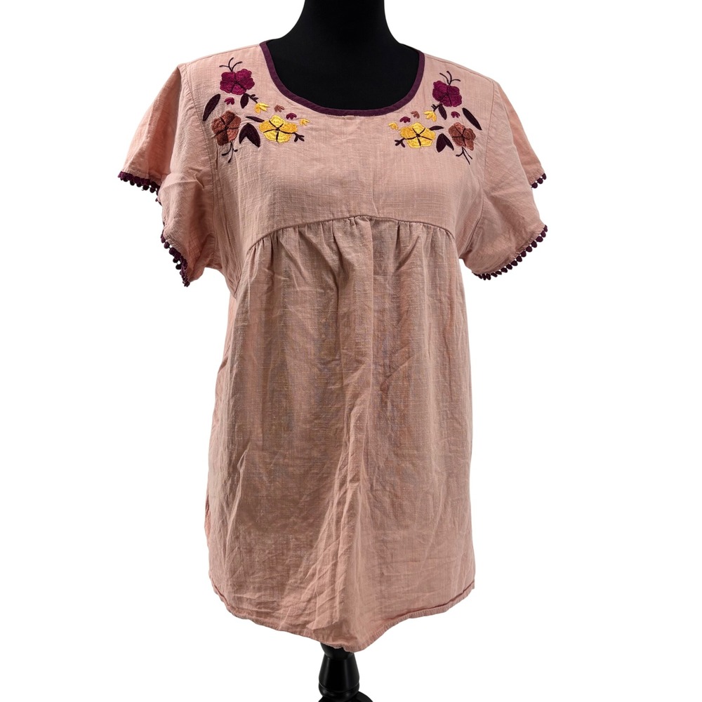 LuLaRoe Womens Boho Embroidered Cotton Gauze Peasant Tunic Top Pink Floral  L